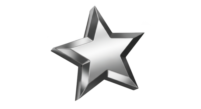A single metallic five pointed star with a glossy finish isolated on transparent background