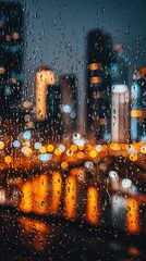 Obraz premium Rainy Night Cityscape View From Window
