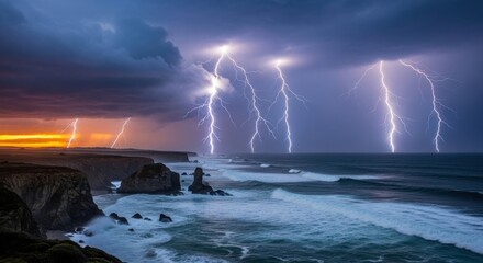 Dramatic lightning storm over ocean cliffs during sunset