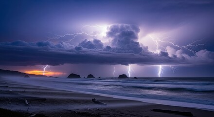 Dramatic lightning storm over ocean with dark clouds and rocky shoreline