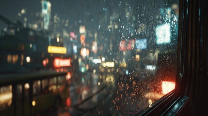 Obraz premium Blurred Cityscape Night View Through Rainy Window