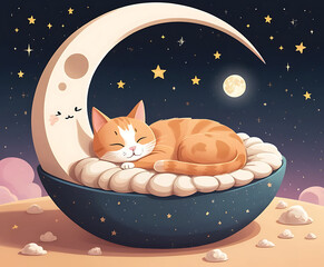 Orange cat resting on crescent moon
