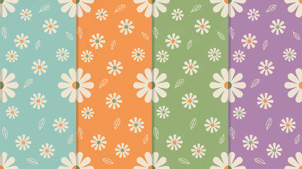 Vector art of seamless pattern of white daisy flowers and leaves on pastel backgrounds