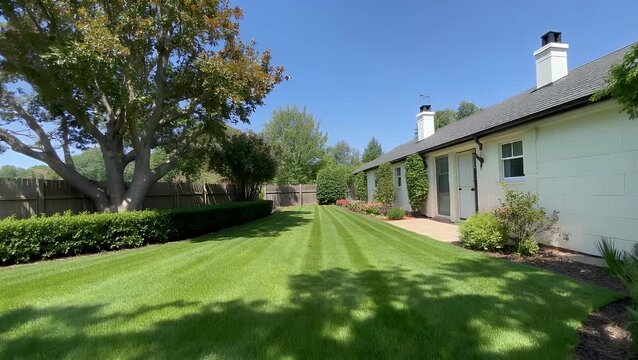 meticulously maintained and vibrant green carpet-like lawn in residential garden featuring neatly arranged row of shrubs and trees in the background, showcasing excellent landscape upkeep under clear