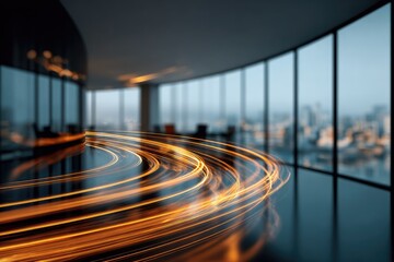 Modern office interior with flowing light trails, blurred cityscape backdrop, and large windows