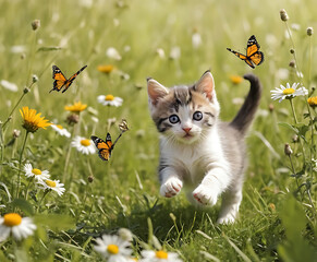 Kitten playing in meadow with butterflies
