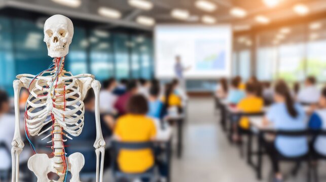 Human Skeleton Model in Anatomy Class with Students Engaged in Learning in a Modern Classroom Environment