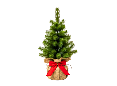 Small decorated christmas tree with red bow isolated on transparent background