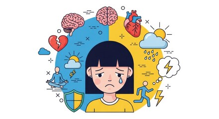 Illustration depicting a young person experiencing emotional distress, with symbols of mental health, physical well-being, and emotional states surrounding them.
