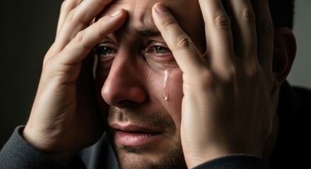 Emotional man with tears and hands on his face