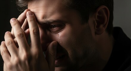 Emotional man with tears of sadness and despair