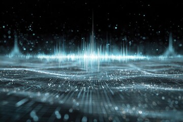 An abstract visual of soundwaves or data visualization in vibrant teal against a dark background