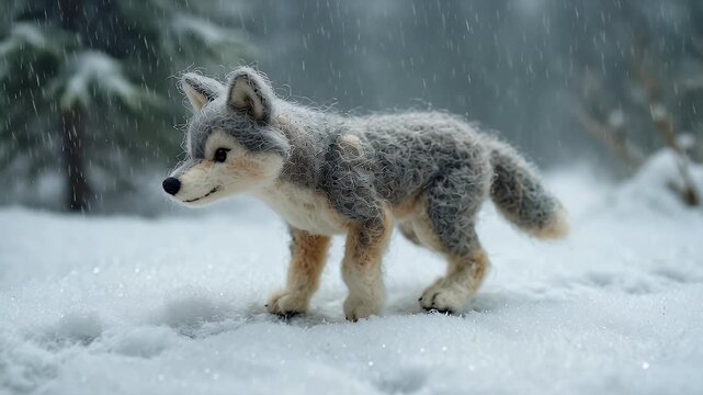 Fluffy wolf cub walking in snowfall with forest background illustration