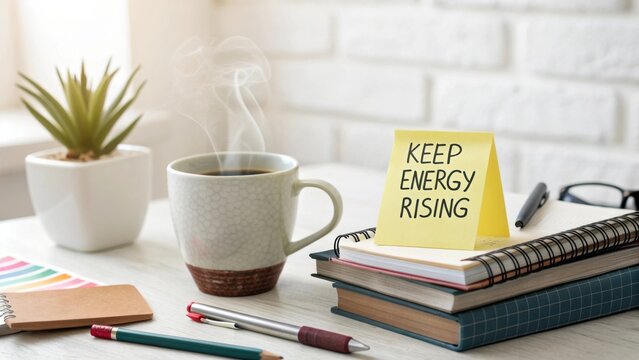 Cozy workspace with coffee cup, motivational note, plants, books, and stationery for inspiration and productivity at home