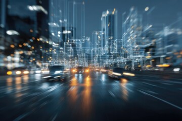 Blurred city night scene with illuminated buildings and traffic flowing on a wet road