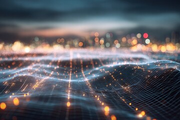 Abstract illustration of glowing lines and lights, suggesting a digital network. Evening cityscape blurry