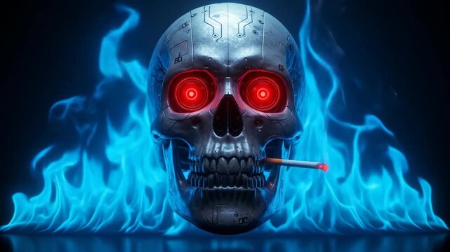 Cyberpunk skull with red eyes smoking a cigarette amidst blue flames. Dark, edgy.