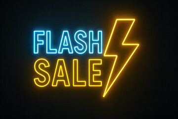 Flash Sale Neon Sign With Lightning Symbol On Dark Black Background
