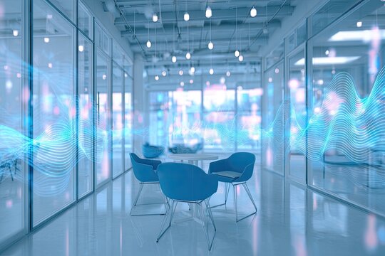 Modern office space with glass walls, seating area, and abstract digital overlays in shades of blue