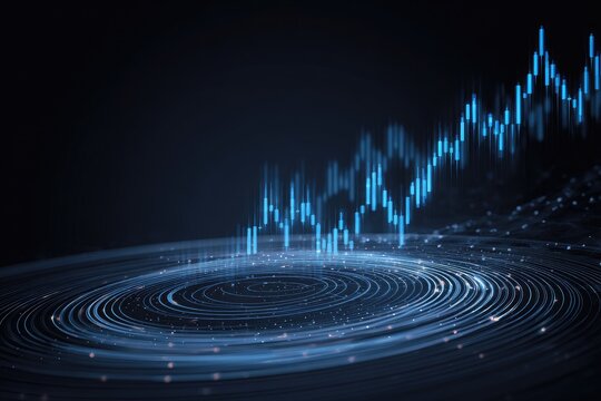 Abstract rendering depicting a digital upward graph amidst swirling lines on a dark background