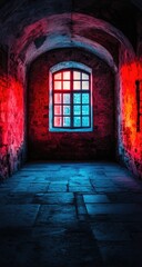 Obraz premium Arched hallway with a window lit by red & blue lights
