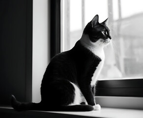 Black and white cat looking out window