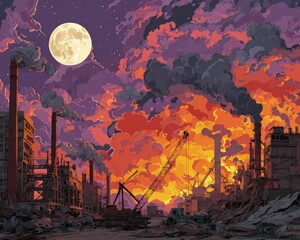 Pixelated Industrial Sunset Over Damaged Factory