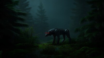 Stealthy robotic wolf with glowing red sensors prowling moonlit boreal forest