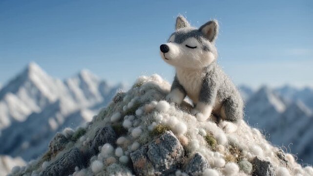 Animated husky puppy on snowy mountain peak under blue sky
