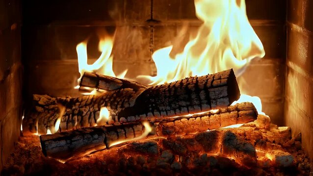 Authentic Wood Burning Hearth Emitting Warm and Inviting Glow for Snug Cold Season Atmosphere, Slowed Down Footage, Seamlessly Repeating Video of Fireplace with Moderate Fire