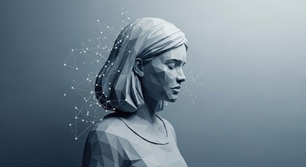 Futuristic Low-Poly Woman with Digital Network Elements