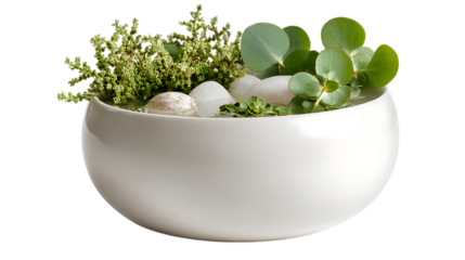 White ceramic bowl with green plants and white stones isolated on transparent background