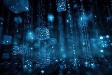 Digital data streams in shades of blue with floating cubes. Abstract composition