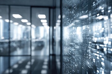 Interior of modern office with a blurred background and data-like display on glass