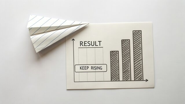 Paper airplane flying toward a business graph showing upward trend with results indicated to keep rising in progress concept