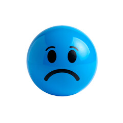 Fototapeta premium A bright blue, spherical object with a sad face expression is centered against a stark black backdrop.