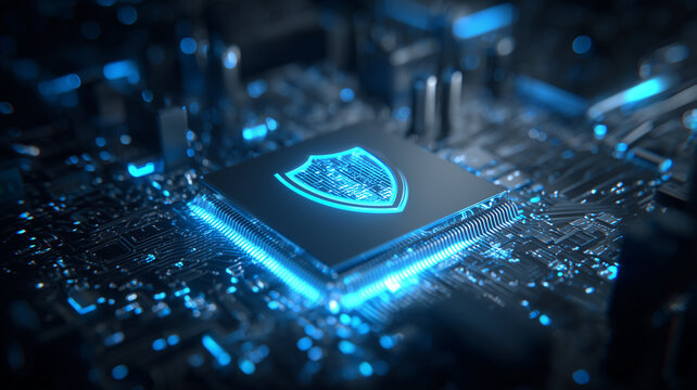 Microchip with a shield symbolizing built in protection, illustrating secure hardware architecture and reliable cybersecurity for sensitive data and critical systems.
