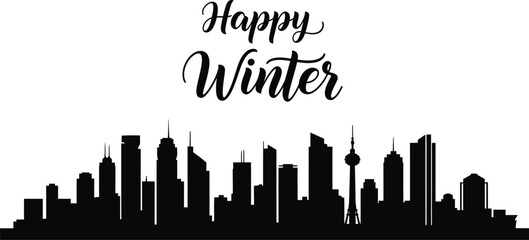 Fototapeta premium Happy winter greeting over a black city skyline silhouette