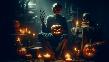 Pumpkin Head Horror in Haunted Darkroom