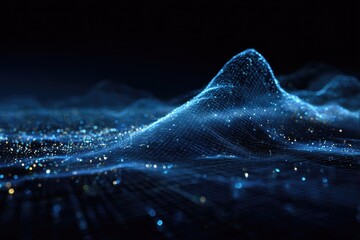 Abstract digital mountain range glowing with blue particles against a dark background