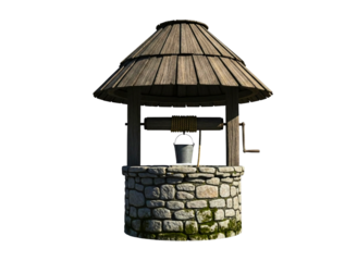 Rustic stone wishing well with wooden roof isolated on transparent background