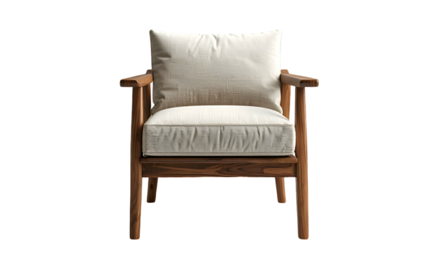 Comfortable armchair showcasing a modern design with wooden frame and cushioned seat and backrest, perfectly suited for home furnishings and interior design themes, set against a contrasting black...