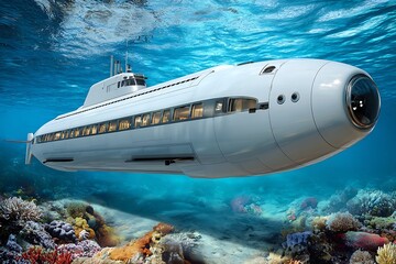 A sleek white submarine glides gracefully through the crystalclear turquoise waters, its elongated body reflecting the sunlight filtering from above, illuminating the vibrant coral reef below
