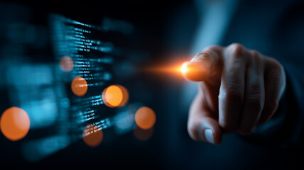 Finger selecting a glowing data point on a virtual interface conveying real time analytics interaction innovation and digital transformation.
