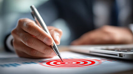 Hand marking a bullseye on an analytics report representing focus target setting precision strategy and performance measurement.
