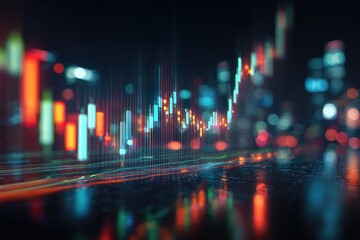 Financial data represented as candlestick charts overlaid on a blurry cityscape at night