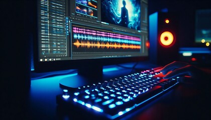 Modern RGB Gaming Setup with Neon Backlit Mechanical Keyboard, Mouse, and Computer Screen Displaying Data Visualization in Futuristic Dark Room