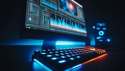 Modern RGB Gaming Setup with Neon Backlit Mechanical Keyboard, Mouse, and Computer Screen Displaying Data Visualization in Futuristic Dark Room