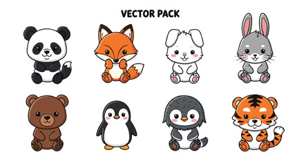 Obraz premium Cute Kawaii Animal Vector Pack Panda Fox Bunny Bear Penguin Tiger Rabbit Illustrations for Kids and Design Projects