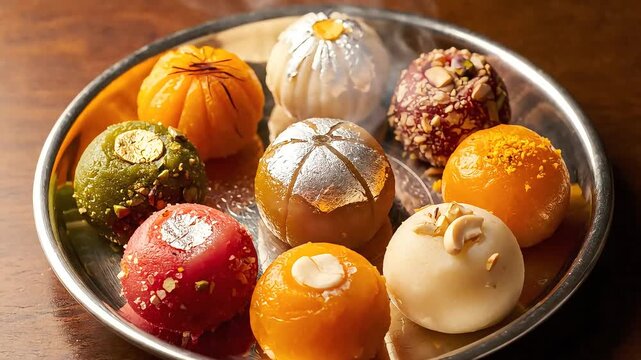 Assortment of Colorful Steaming Indian Sweets on a Plate.